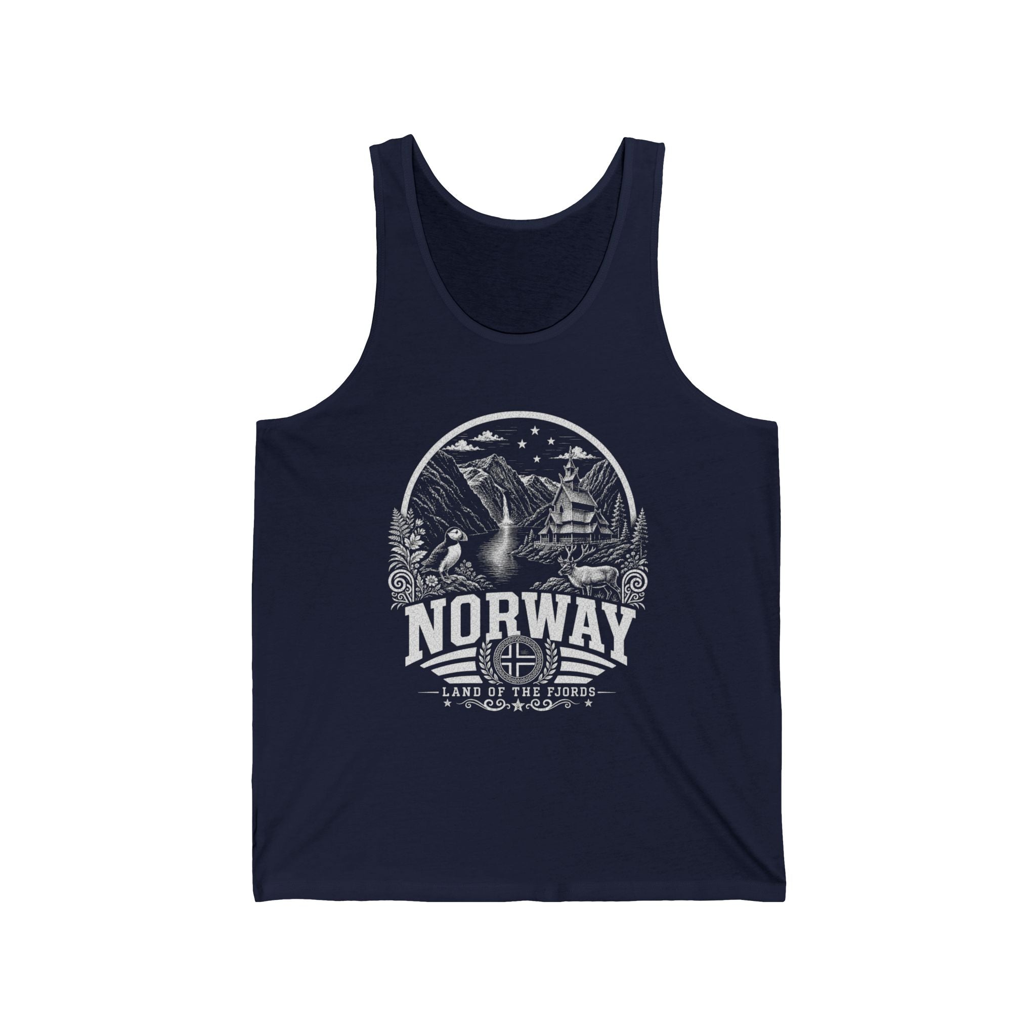 Norway vintage landmarks men's tank top — iconic landmark design | Nameshi Destinations (view 7)