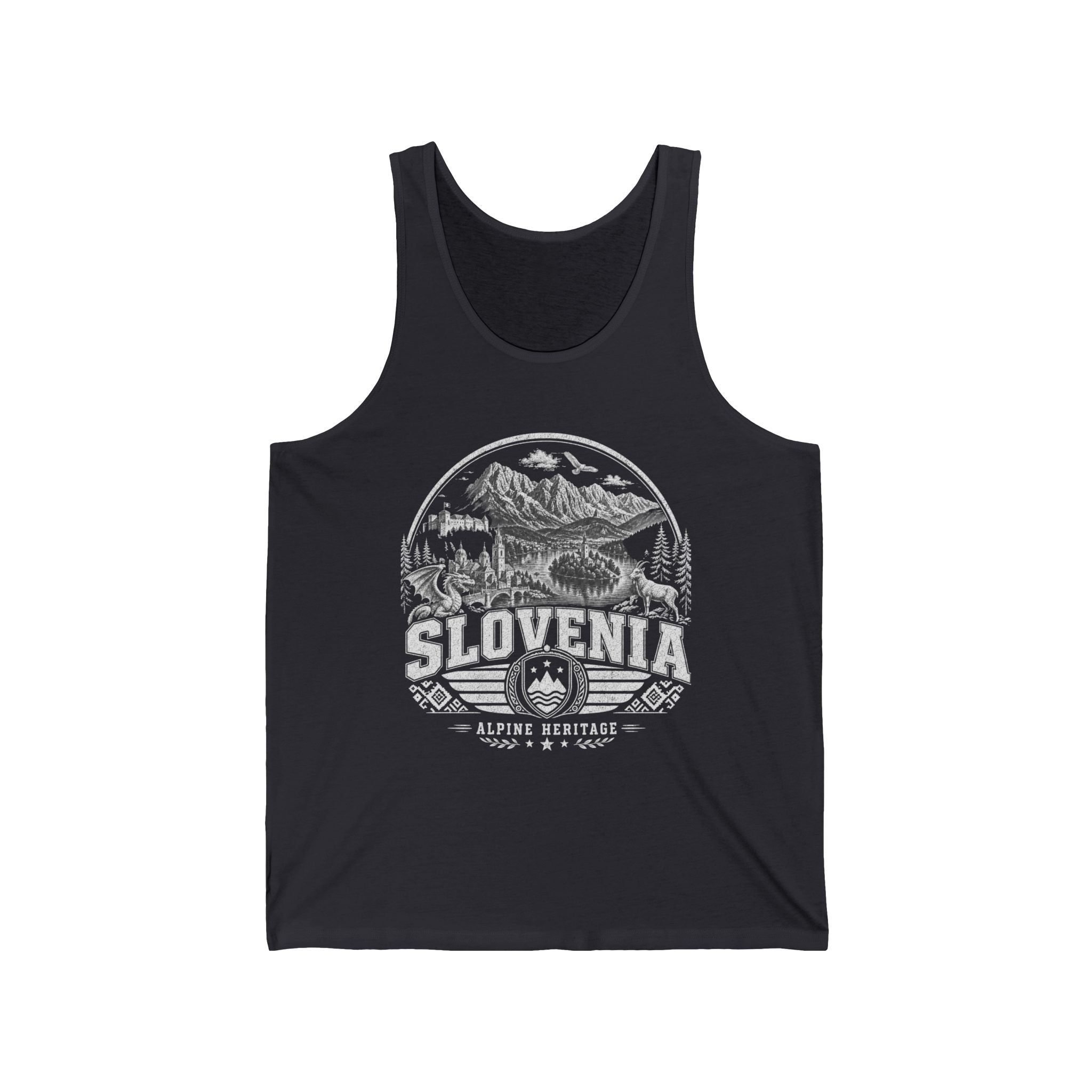 Slovenia vintage landmarks men's tank top — iconic landmark design | Nameshi Destinations (view 2)