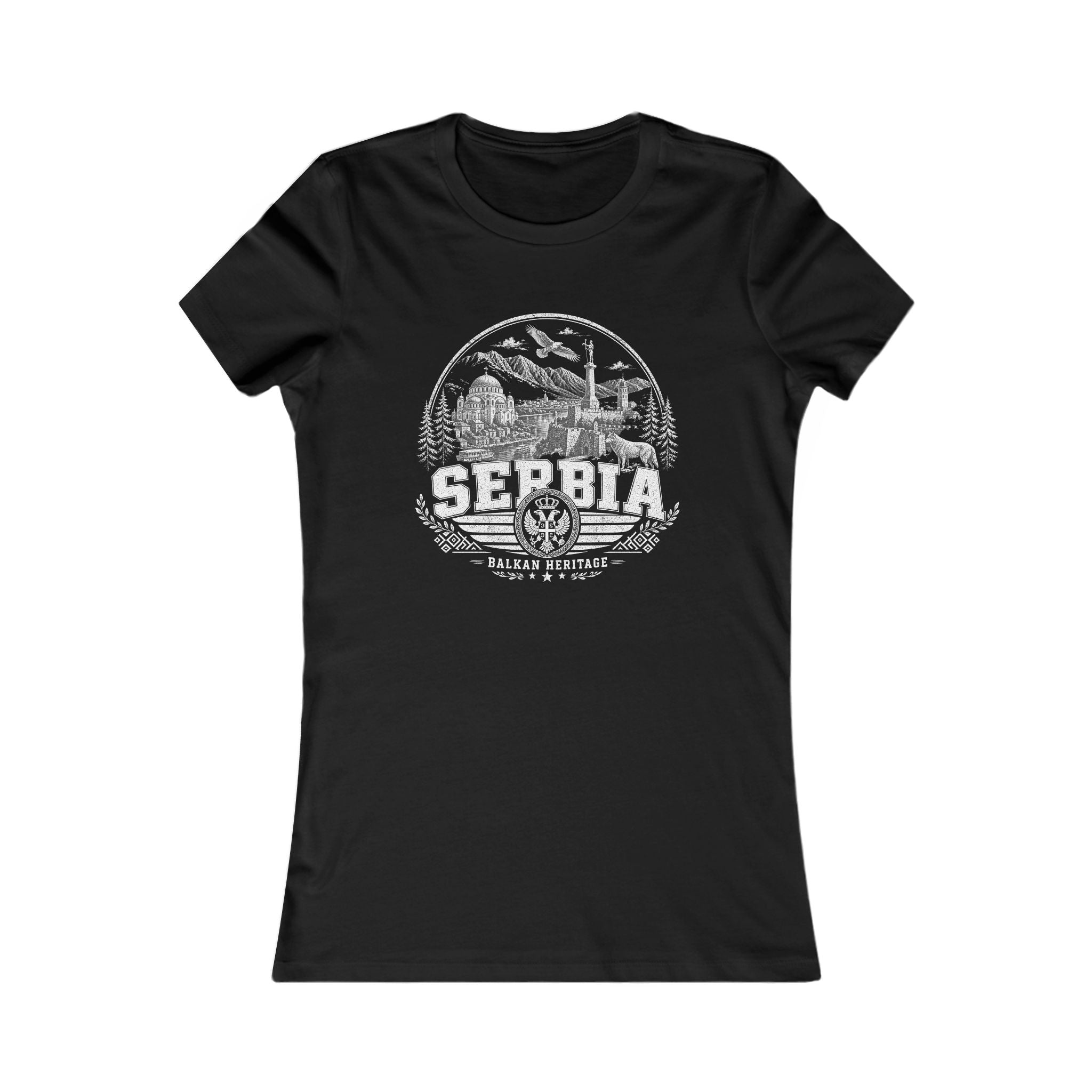 Serbia vintage landmarks women's tee — iconic landmark design | Nameshi Destinations (view 1)
