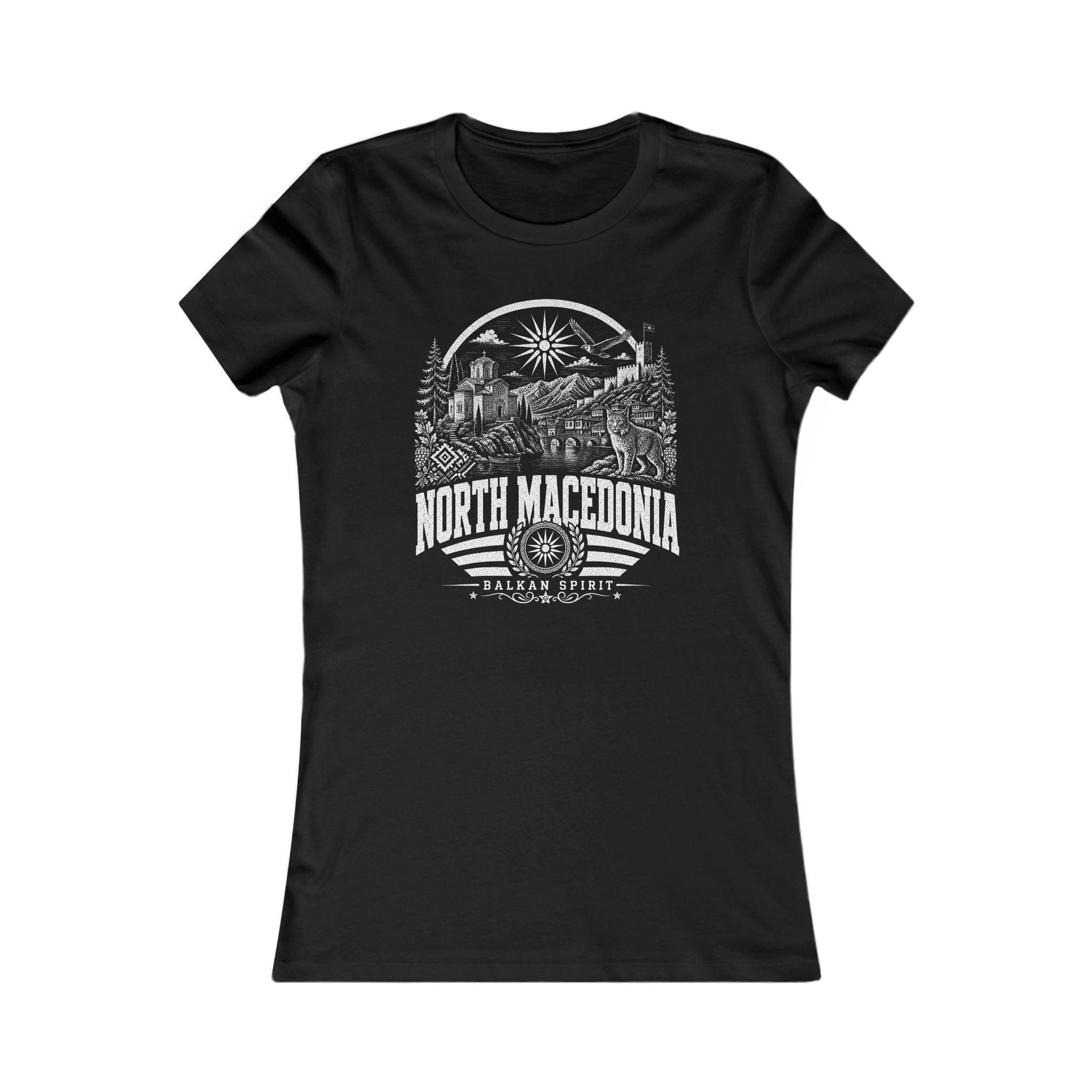 North Macedonia vintage landmarks women's tee — iconic landmark design | Nameshi Destinations (view 1)