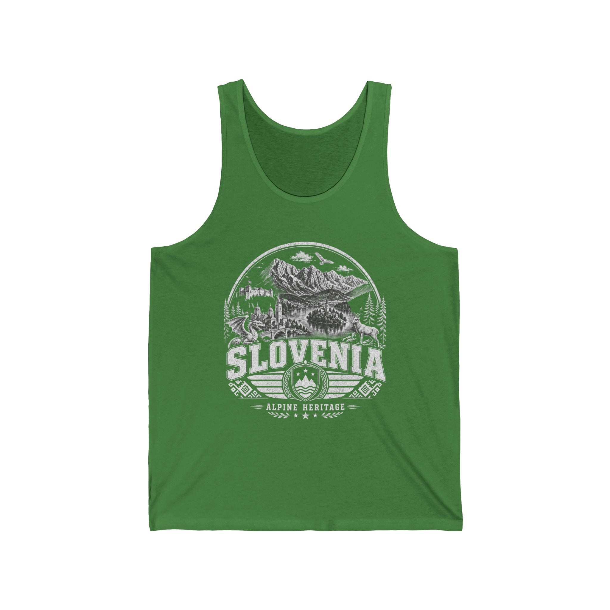 Slovenia vintage landmarks men's tank top — iconic landmark design | Nameshi Destinations (view 3)