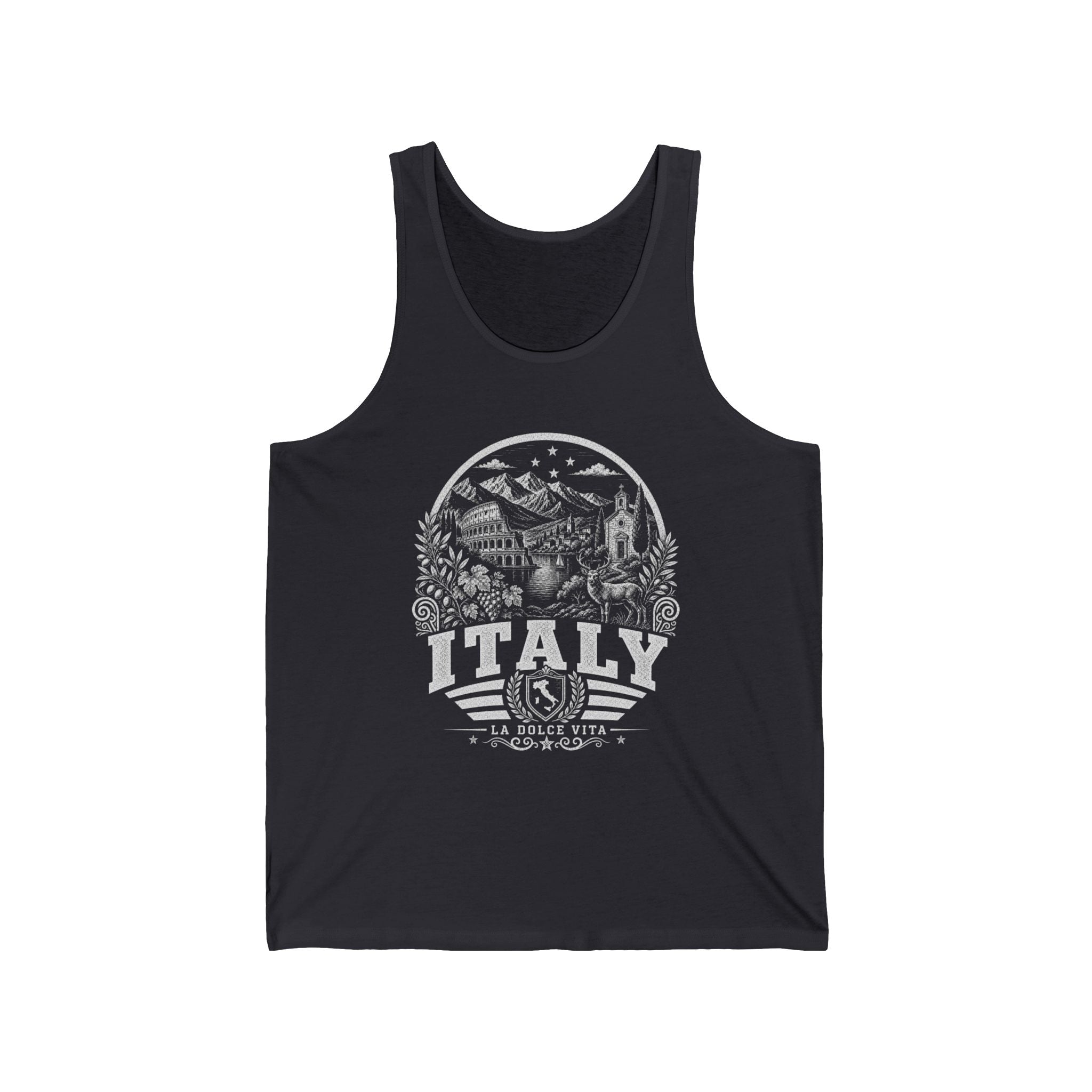 Italy vintage landmarks men's tank top — iconic landmark design | Nameshi Destinations (view 2)