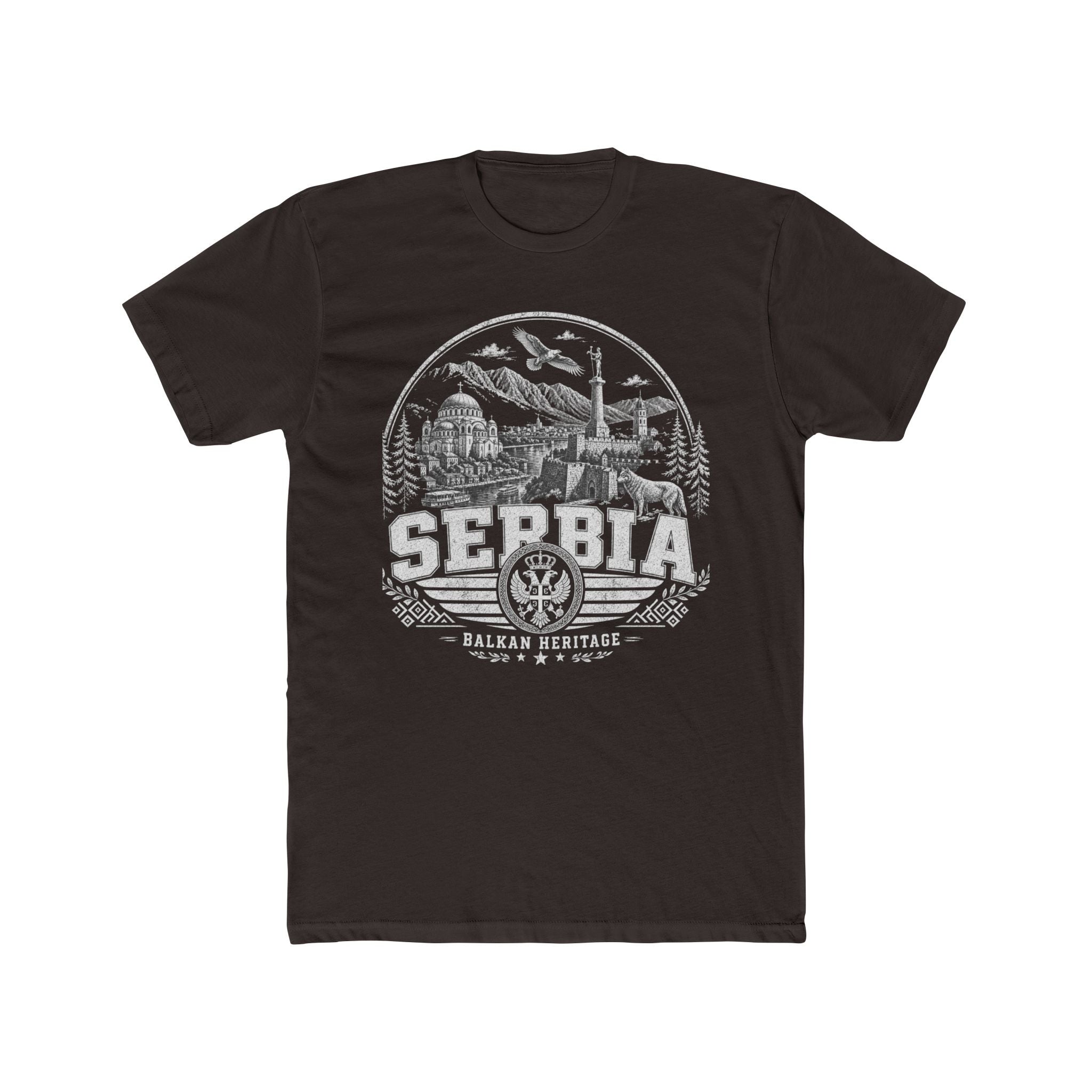 Serbia vintage landmarks men's tee — iconic landmark design | Nameshi Destinations (view 1)