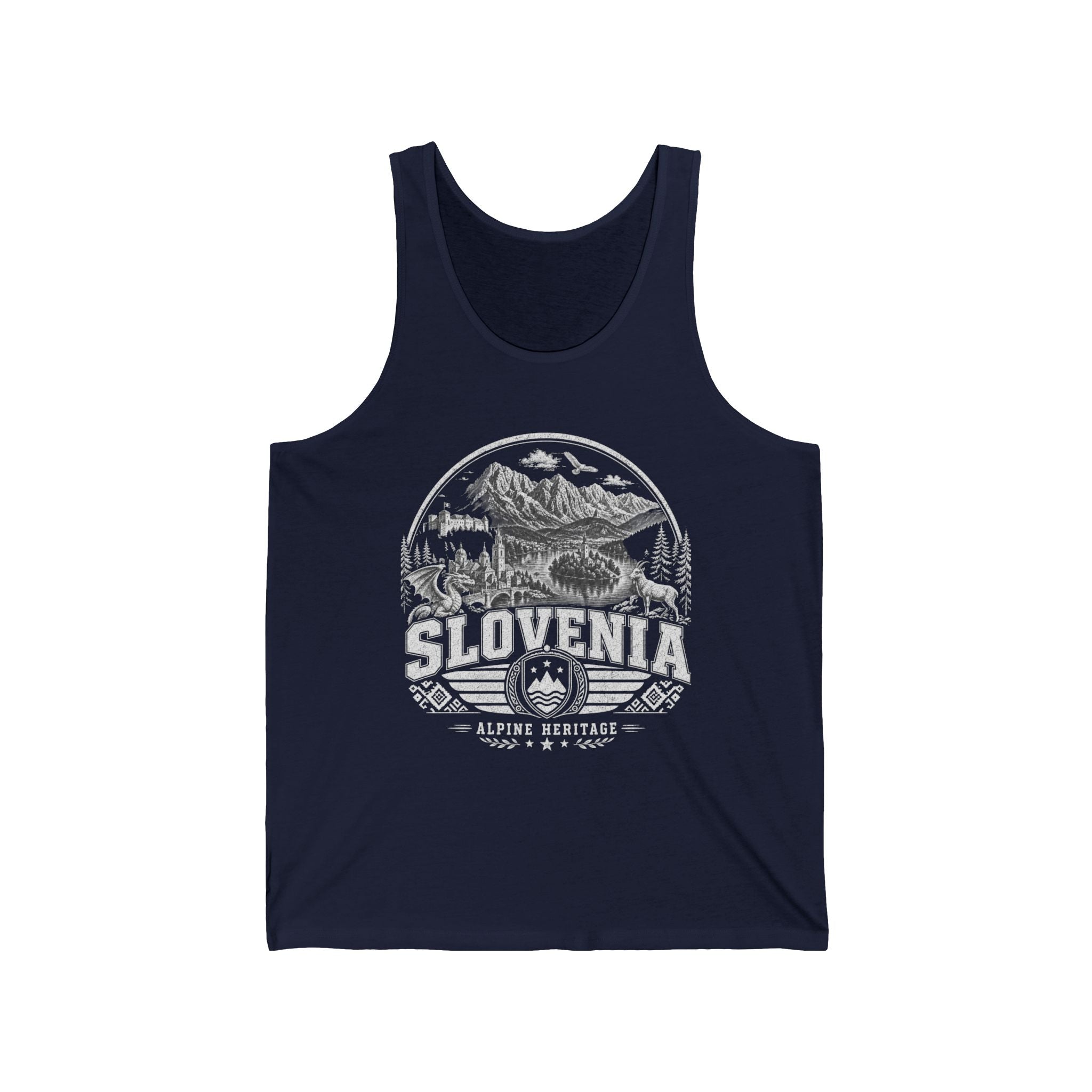 Slovenia vintage landmarks men's tank top — iconic landmark design | Nameshi Destinations (view 6)
