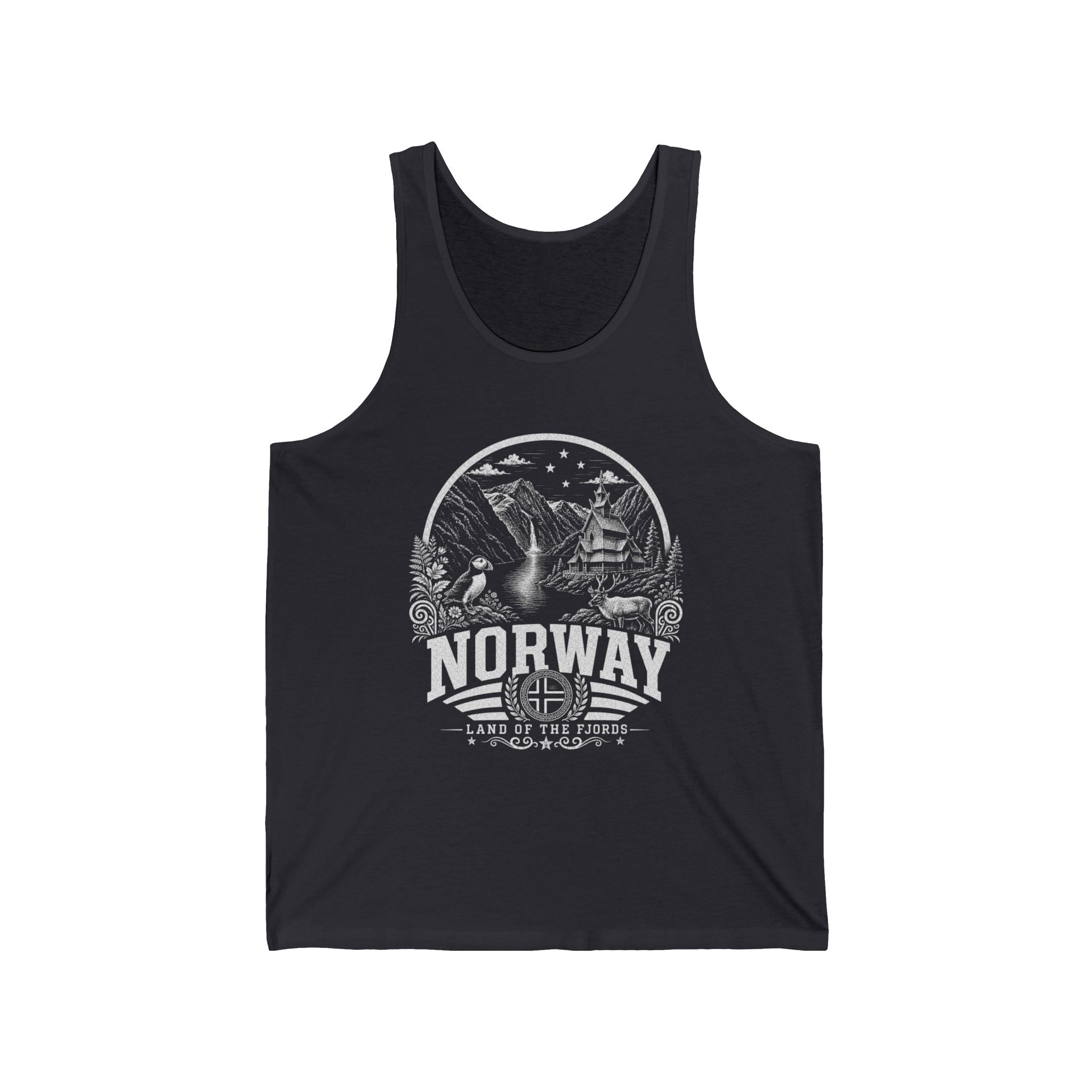 Norway vintage landmarks men's tank top — iconic landmark design | Nameshi Destinations (view 2)