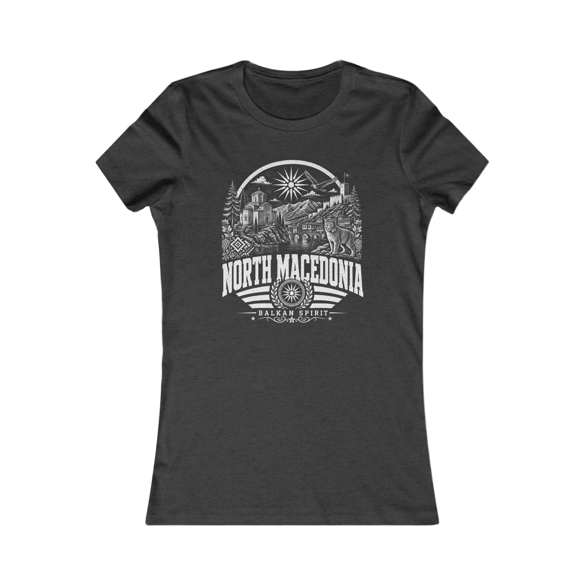 North Macedonia vintage landmarks women's tee — iconic landmark design | Nameshi Destinations (view 4)