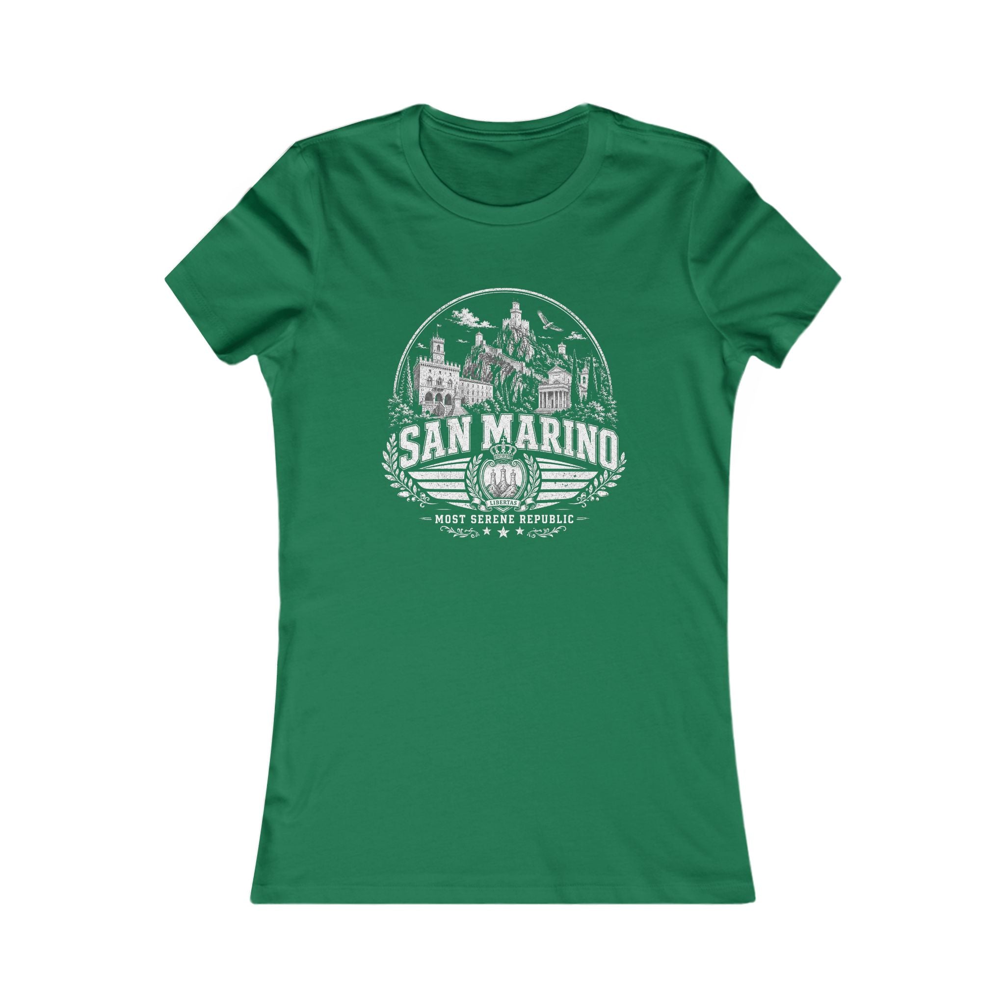 San Marino vintage landmarks women's tee — iconic landmark design | Nameshi Destinations (view 2)