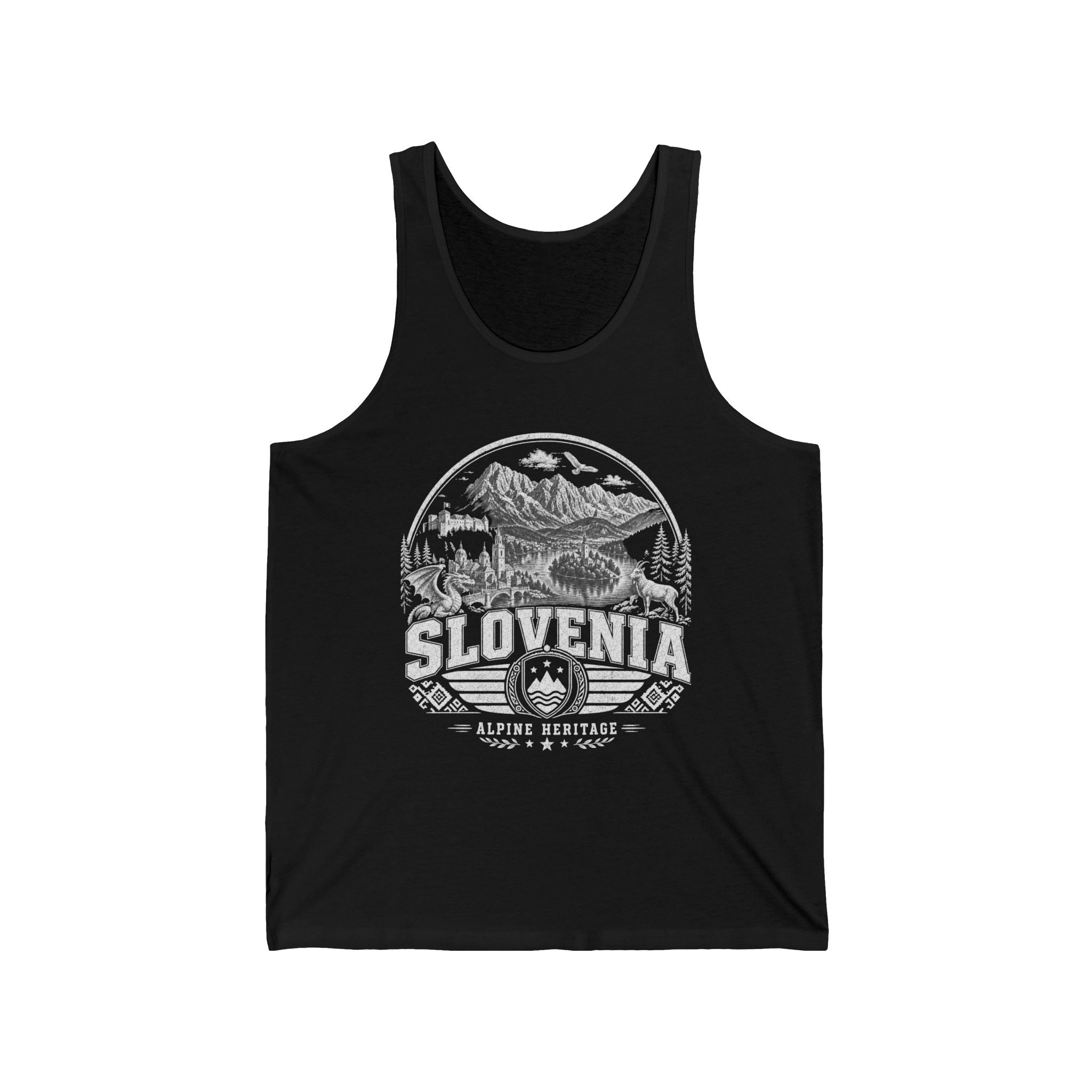 Slovenia vintage landmarks men's tank top — iconic landmark design | Nameshi Destinations (view 1)
