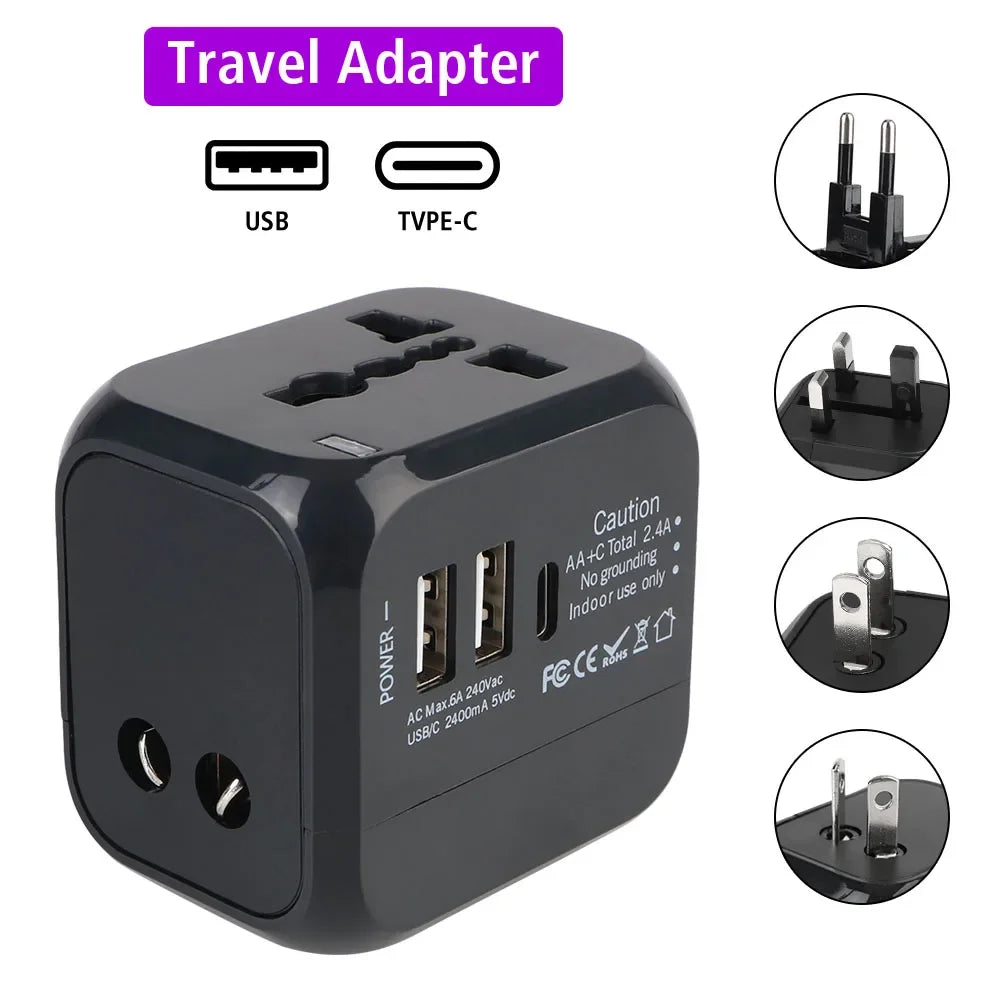 All-in-one universal travel adapter with USB and USB-C ports