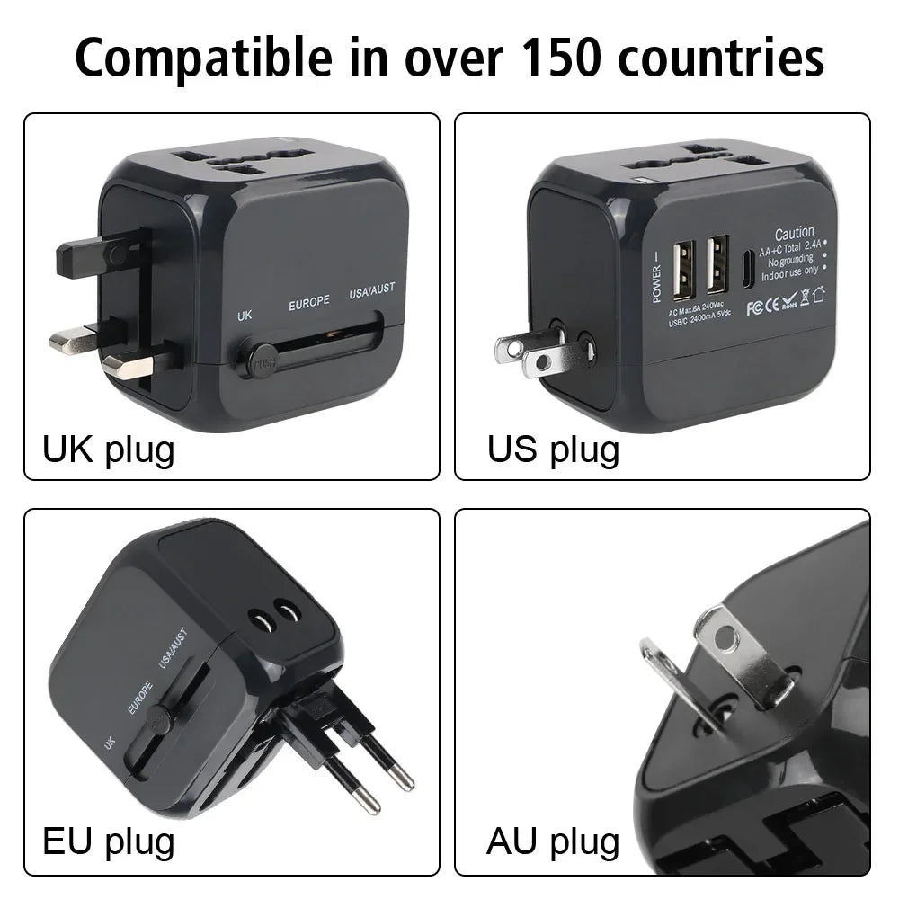 All-in-one universal travel adapter with USB and USB-C ports