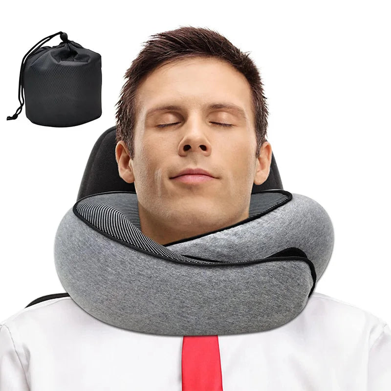Compact memory foam travel neck pillow with carry pouch