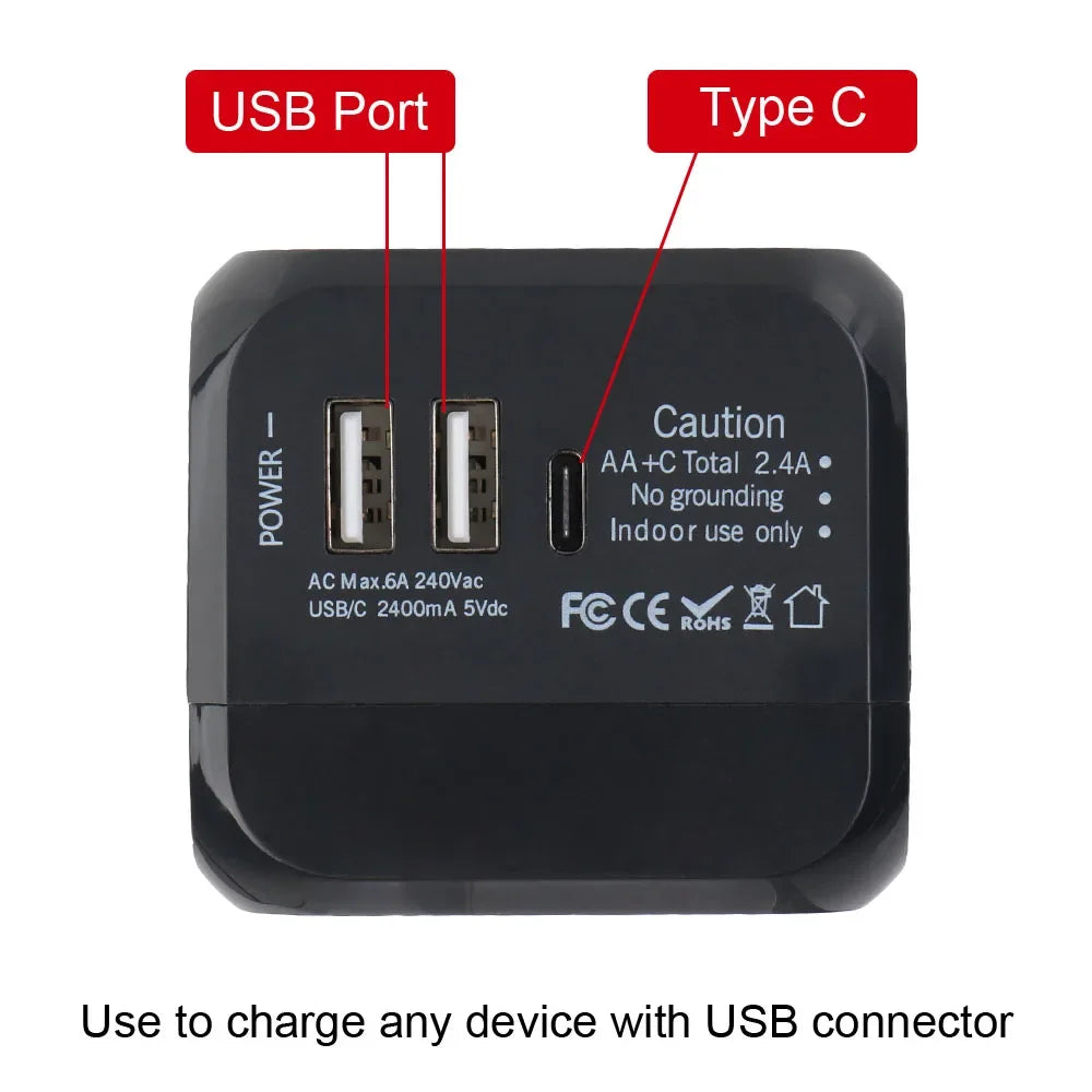 All-in-one universal travel adapter with USB and USB-C ports
