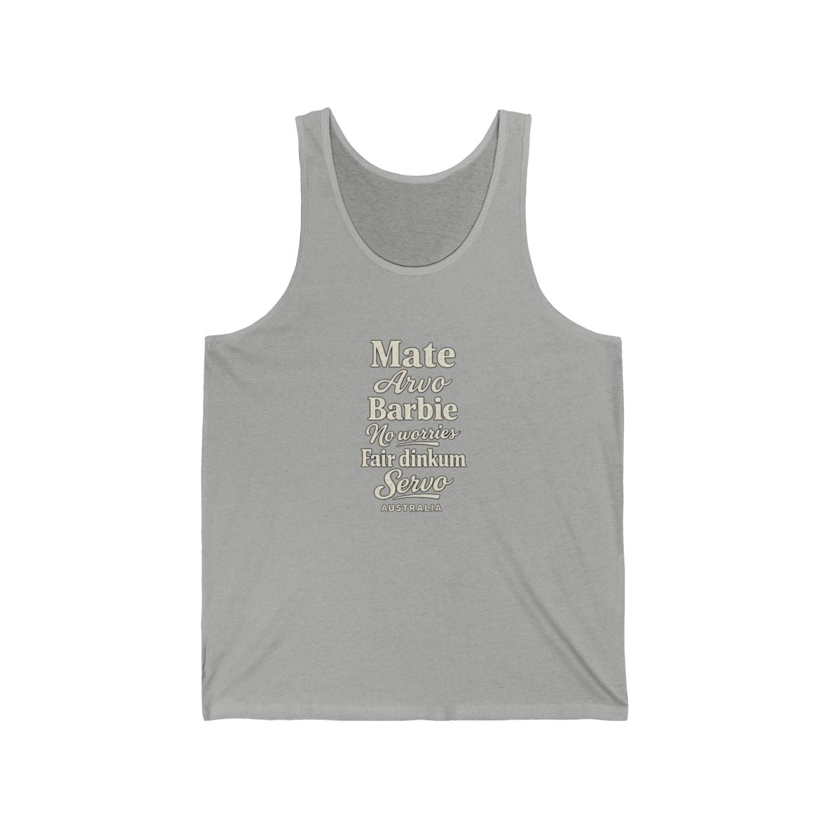 Australia local slang men's tank top — typographic sayings design | Nameshi Destinations (view 1)