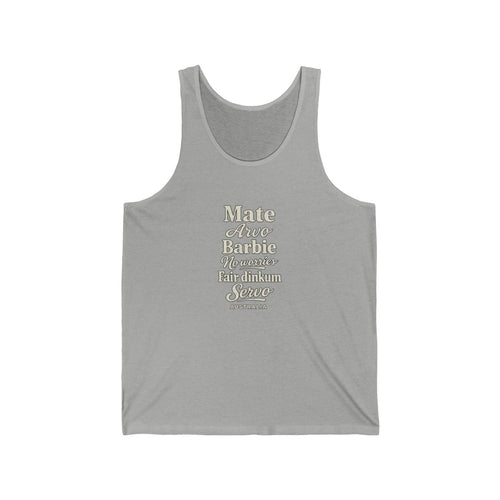 Australia local slang men's tank top — typographic sayings design | Nameshi Destinations (view 1)