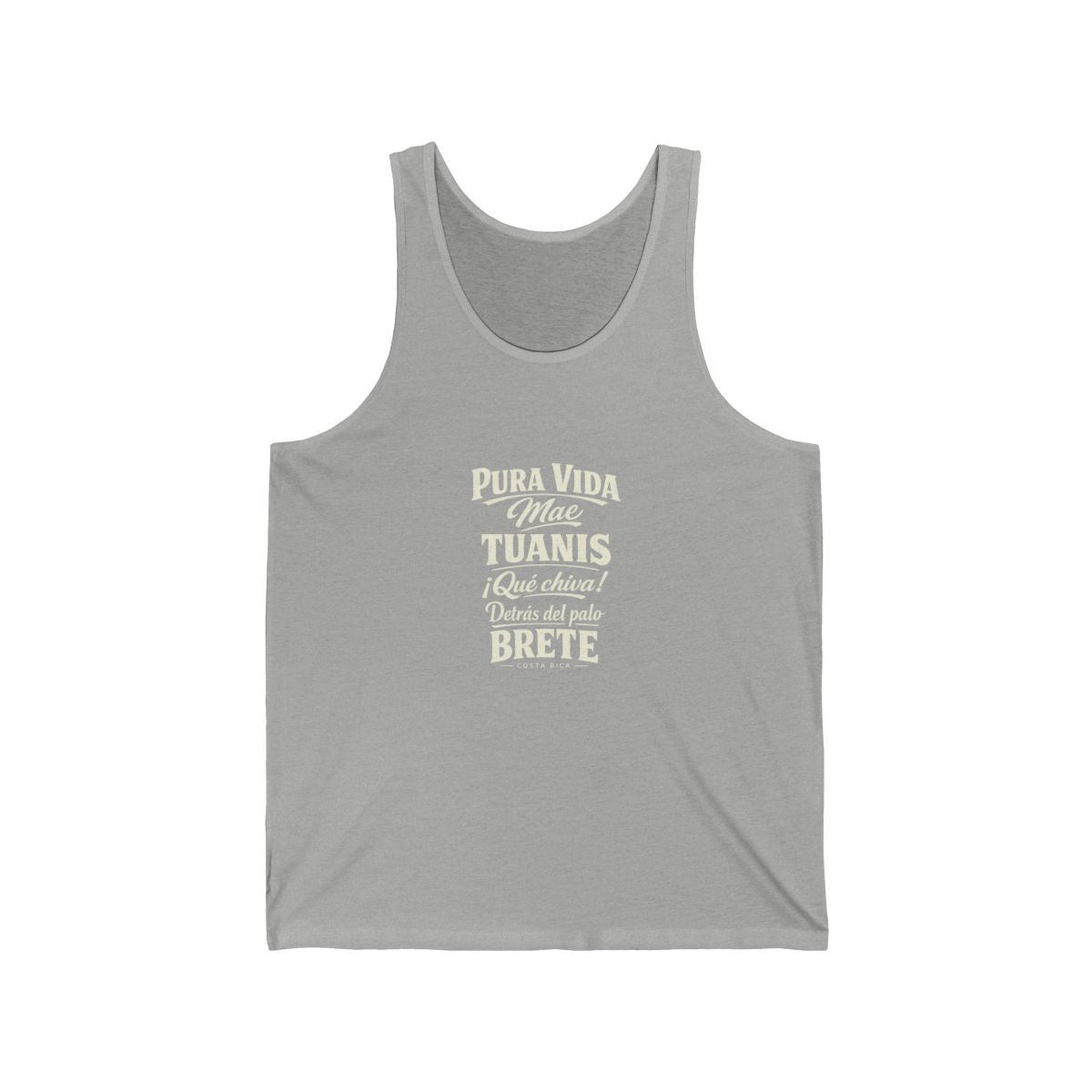 Costa Rica local slang men's tank top — typographic sayings design | Nameshi Destinations (view 1)