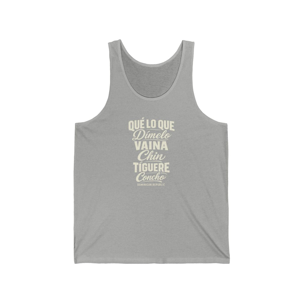 Dominican Republic local slang men's tank top — typographic sayings design | Nameshi Destinations (view 1)