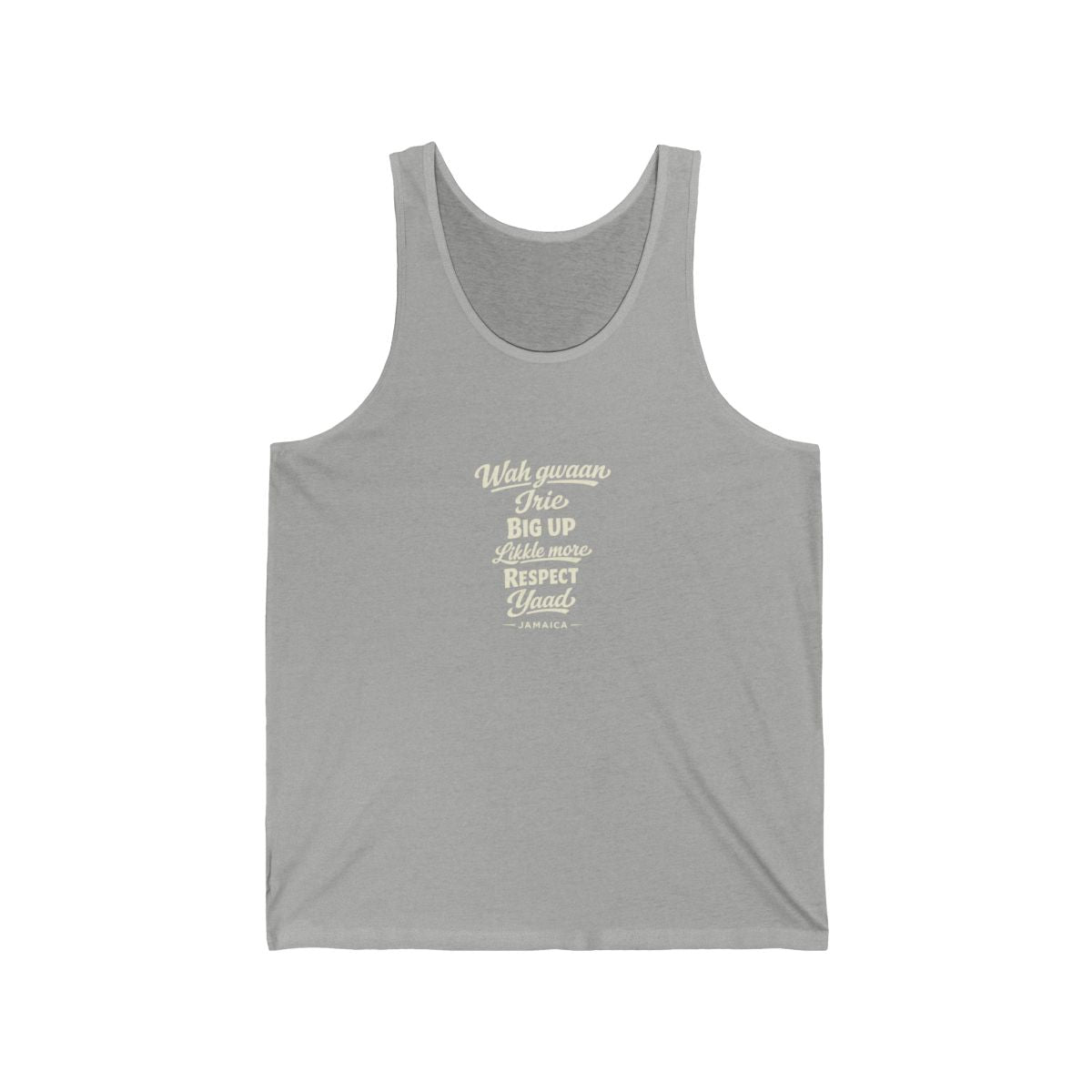 Jamaica local slang men's tank top — typographic sayings design | Nameshi Destinations (view 1)