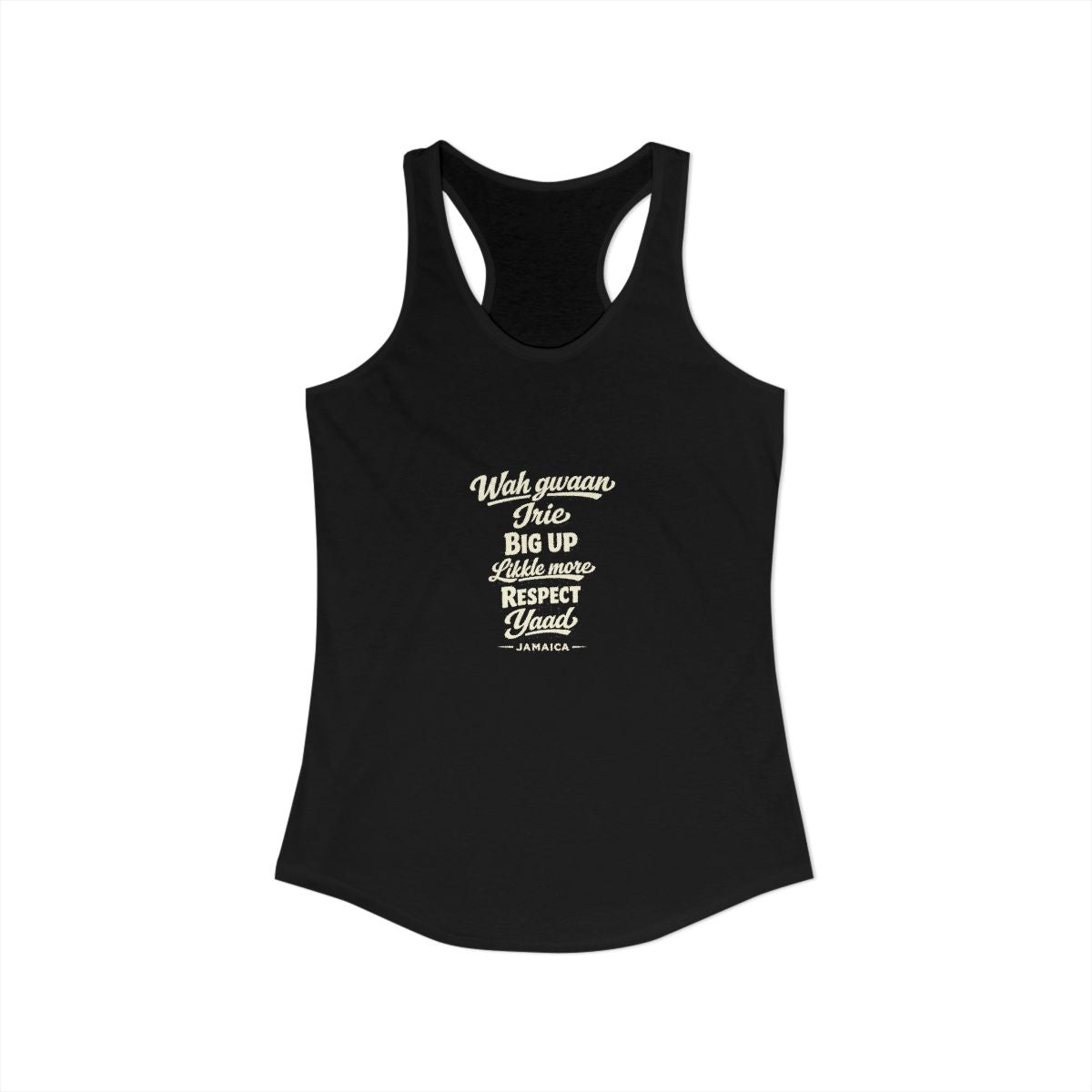 Jamaica local slang women's tank top — typographic sayings design | Nameshi Destinations (view 1)
