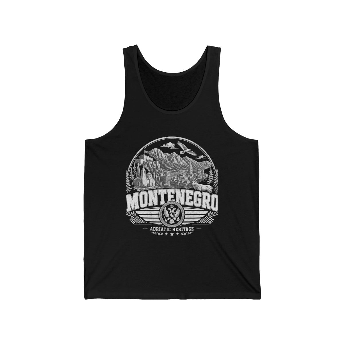 Montenegro vintage landmarks men's tank top — iconic landmark design | Nameshi Destinations (view 3)