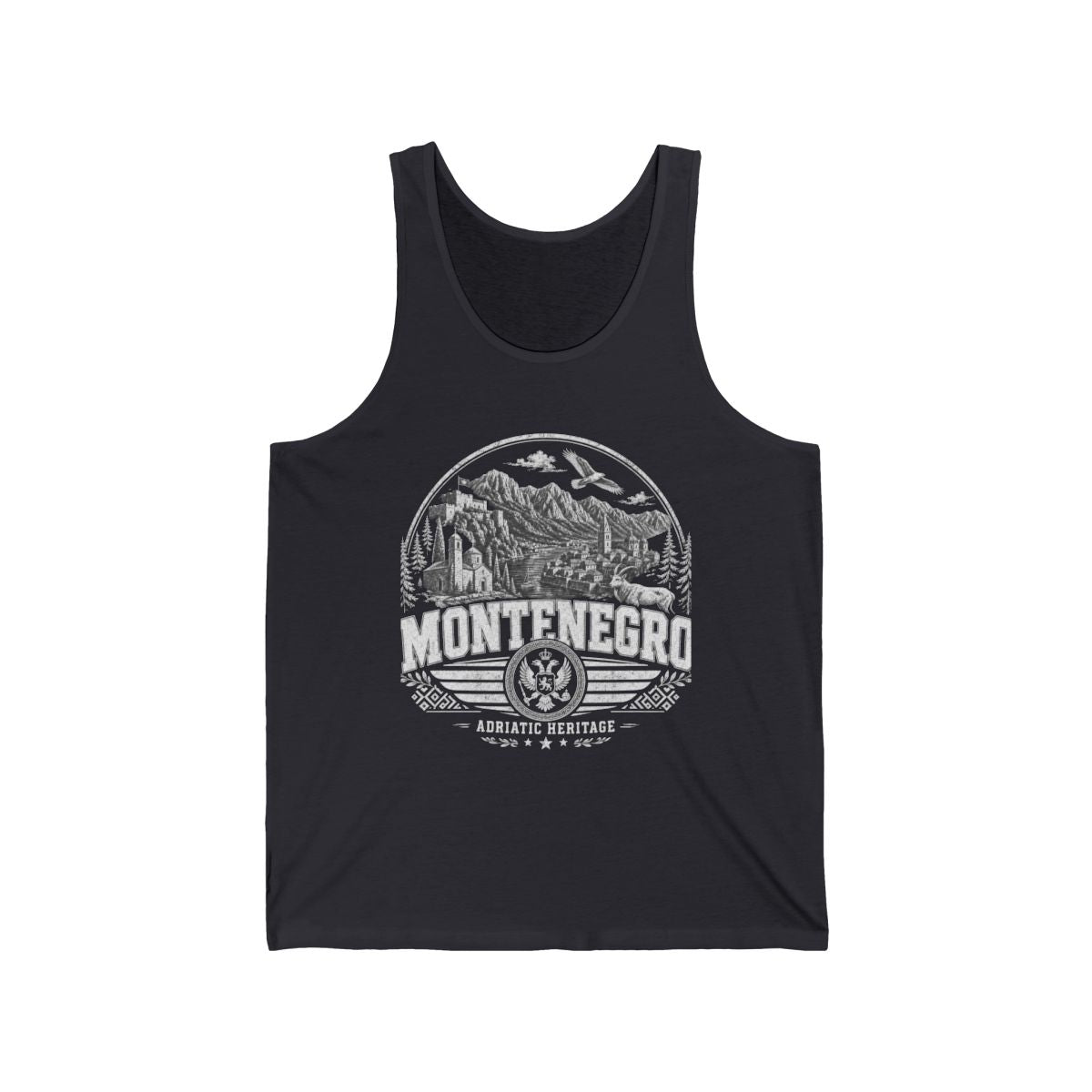 Montenegro vintage landmarks men's tank top — iconic landmark design | Nameshi Destinations (view 5)