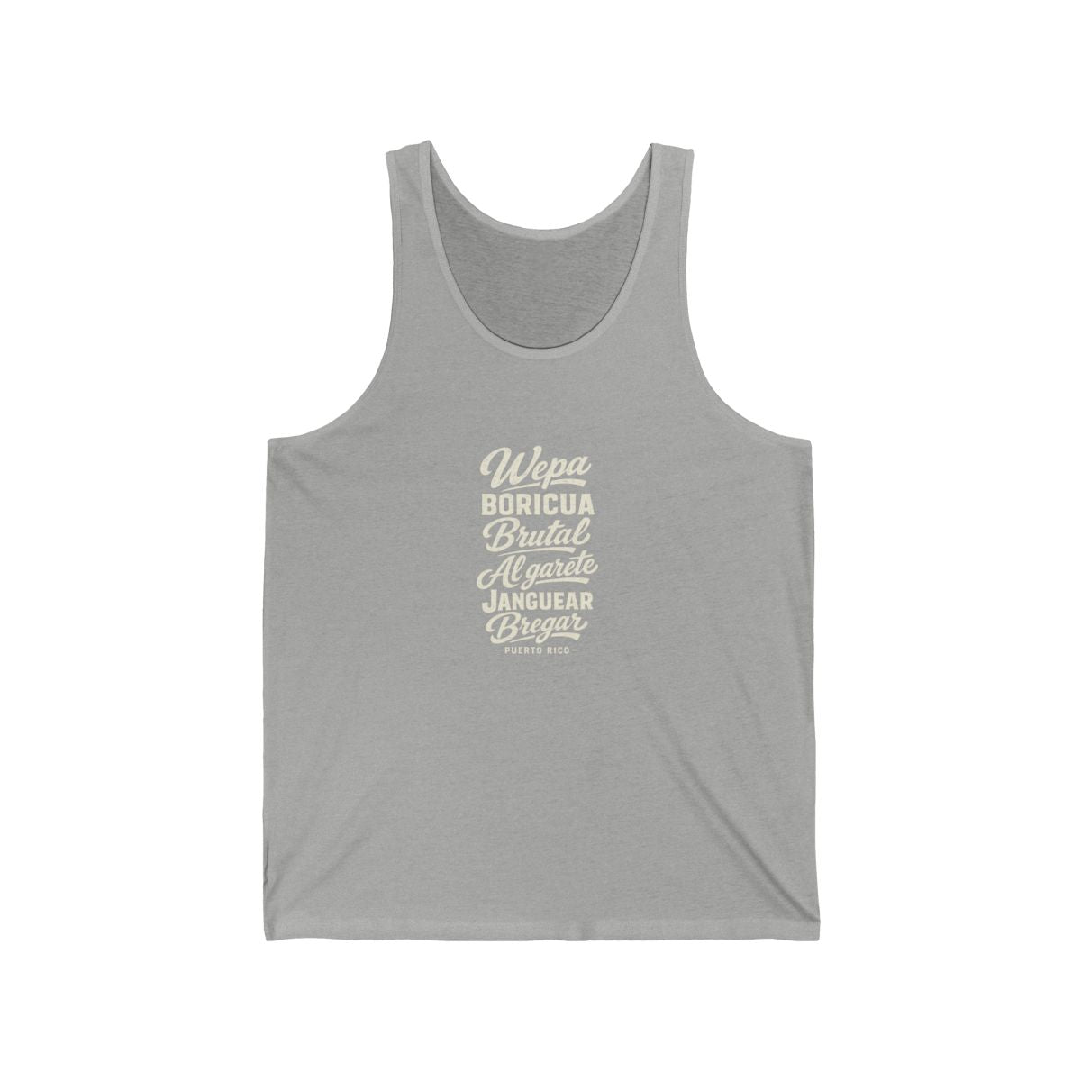 Puerto Rico local slang men's tank top — typographic sayings design | Nameshi Destinations (view 1)