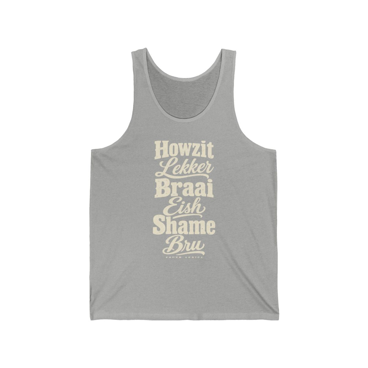 South Africa local slang men's tank top — typographic sayings design | Nameshi Destinations (view 1)